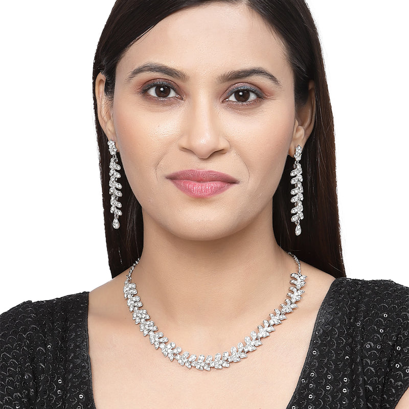 Rhodium-Plated White Cubic Zirconia Studded Leafy Shaped Necklace with Earrings Jewellery Set