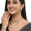 Rhodium-Plated Silver Toned Pink & White American Diamond studded Round Shaped Jewellery Set