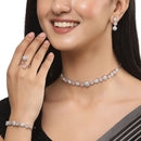 Rhodium-Plated Silver Toned Pink & White American Diamond studded Round Shaped Jewellery Set