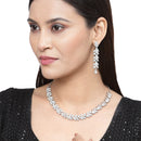 Rhodium-Plated White Cubic Zirconia Studded Leafy Shaped Necklace with Earrings Jewellery Set
