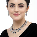 Rhodium-Plated Navy Blue American Diamond Studded Oval & Teardrop Shaped Necklace & Earrings Jewellery Set