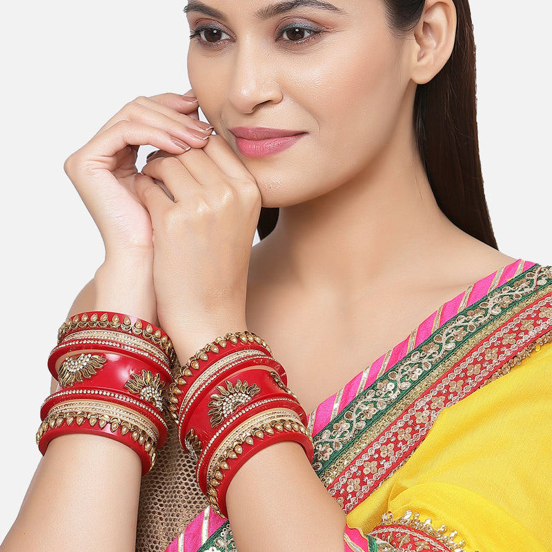 Gold Plated Cubic Zirconia  Studded Nature Inspired Set Of 18 Traditional Bangle Set
