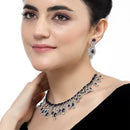 Rhodium-Plated Navy Blue American Diamond Studded Oval & Teardrop Shaped Necklace & Earrings Jewellery Set