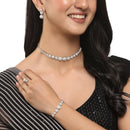 Rhodium-Plated Silver Toned White American Diamond studded Round Shaped Jewellery Set