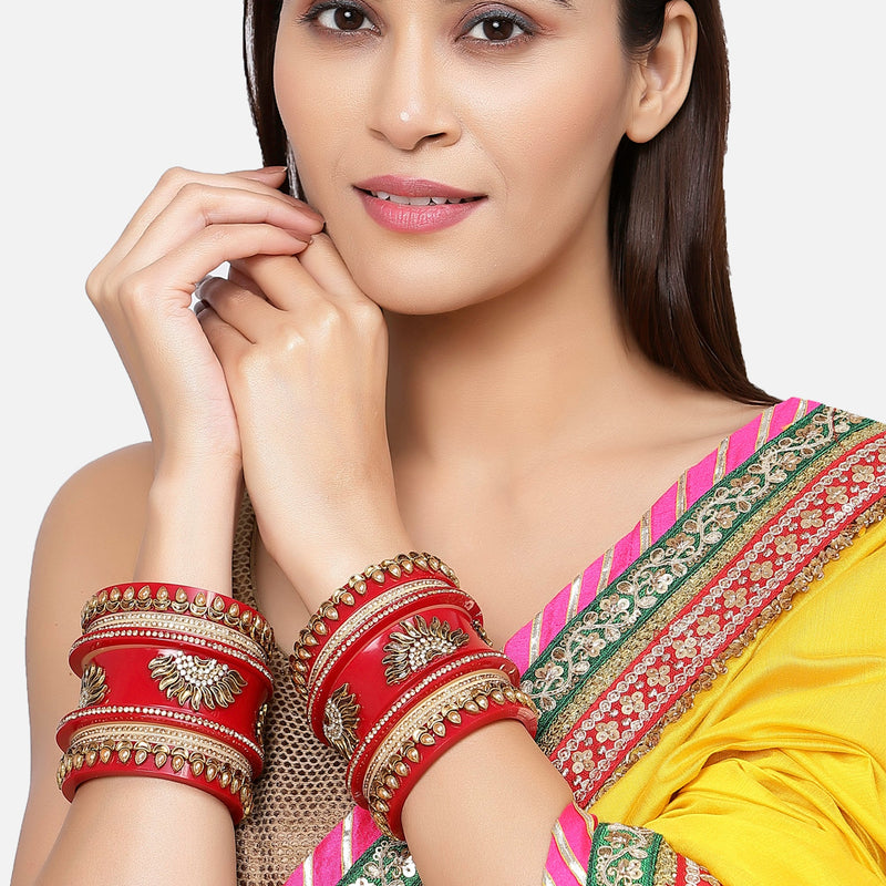 Gold Plated Cubic Zirconia  Studded Nature Inspired Set Of 18 Traditional Bangle Set