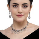 Rhodium-Plated Navy Blue American Diamond Studded Quirky Design Necklace with Earrings Jewellery Set