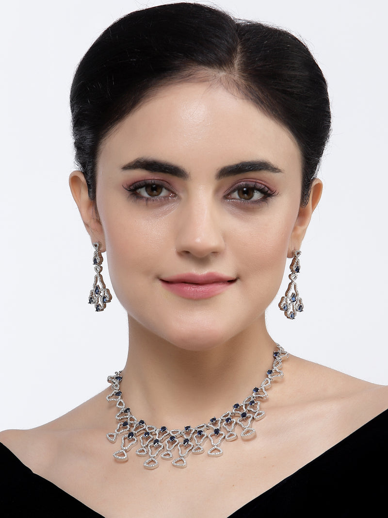 Rhodium-Plated Navy Blue American Diamond Studded Quirky Design Necklace with Earrings Jewellery Set