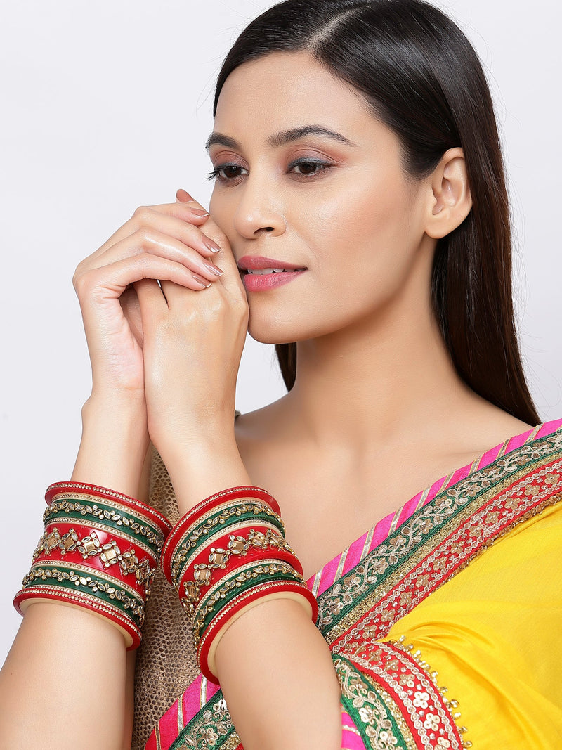 Gold Plated Kundan Studded Set Of 18 Traditional Bangle Set