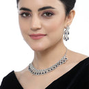 Rhodium-Plated Navy Blue American Diamond Studded Paisley Shaped Necklace & Earrings Jewellery Set