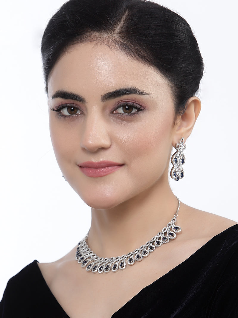 Rhodium-Plated Navy Blue American Diamond Studded Paisley Shaped Necklace & Earrings Jewellery Set
