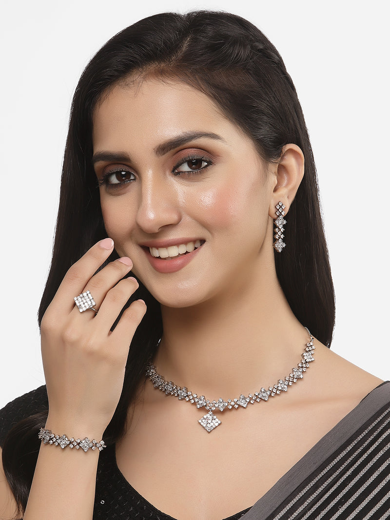 Rose Gold-Plated Gunmetal Toned American Diamond studded Rectangle Shaped Jewellery Set