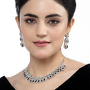 Rhodium-Plated Navy Blue American Diamond Studded Paisley Shaped Necklace & Earrings Jewellery Set