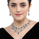 Rhodium-Plated Navy Blue American Diamond Studded Teardrop Tasselled Necklace & Earrings Jewellery Set