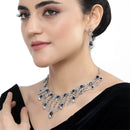 Rhodium-Plated Navy Blue American Diamond Studded Teardrop Tasselled Necklace & Earrings Jewellery Set