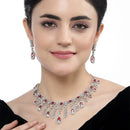 Rhodium-Plated Red American Diamond Studded Teardrop Tasselled Necklace & Earrings Jewellery Set