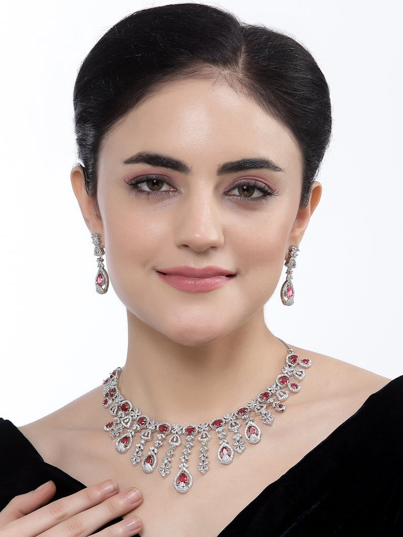 Rhodium-Plated Red American Diamond Studded Teardrop Tasselled Necklace & Earrings Jewellery Set