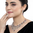 Rhodium-Plated Red American Diamond Studded Teardrop Tasselled Necklace & Earrings Jewellery Set