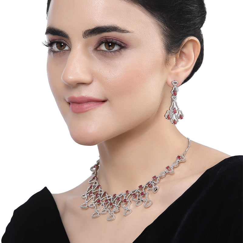 Rhodium-Plated Red American Diamond Studded Quirky Design Necklace with Earrings Jewellery Set