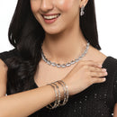 Rhodium Plated Silver Toned Leaf White Cubic Zirconia Studded Combo - Necklace, Earrings, Bangles