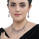 Rhodium-Plated Red American Diamond Studded Quirky Design Necklace with Earrings Jewellery Set