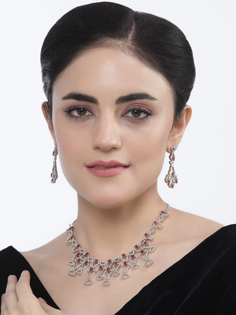Rhodium-Plated Red American Diamond Studded Quirky Design Necklace with Earrings Jewellery Set