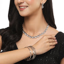 Rhodium Plated Silver Toned Leaf White Cubic Zirconia Studded Combo - Necklace, Earrings, Bangles