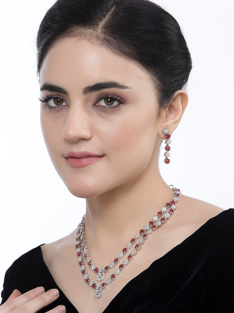 Rhodium-Plated Red American Diamond Studded Star Shaped Layered Necklace & Earrings Jewellery Set