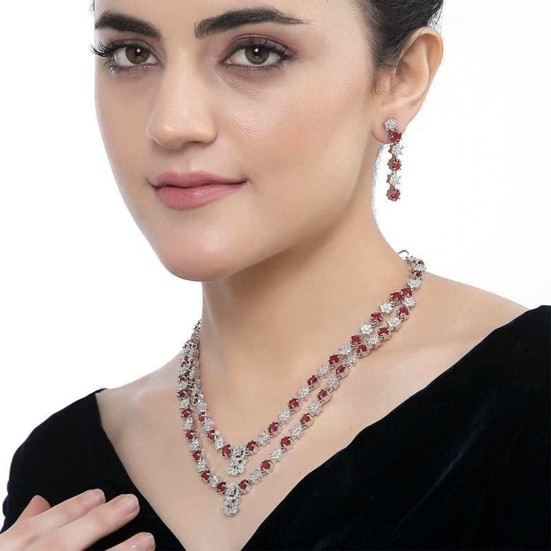 Rhodium-Plated Red American Diamond Studded Star Shaped Layered Necklace & Earrings Jewellery Set