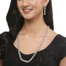 Rhodium-Plated Silver Toned Leaf Pink American Diamond Studded Long Necklace with Drop Earrings Jewellery Set