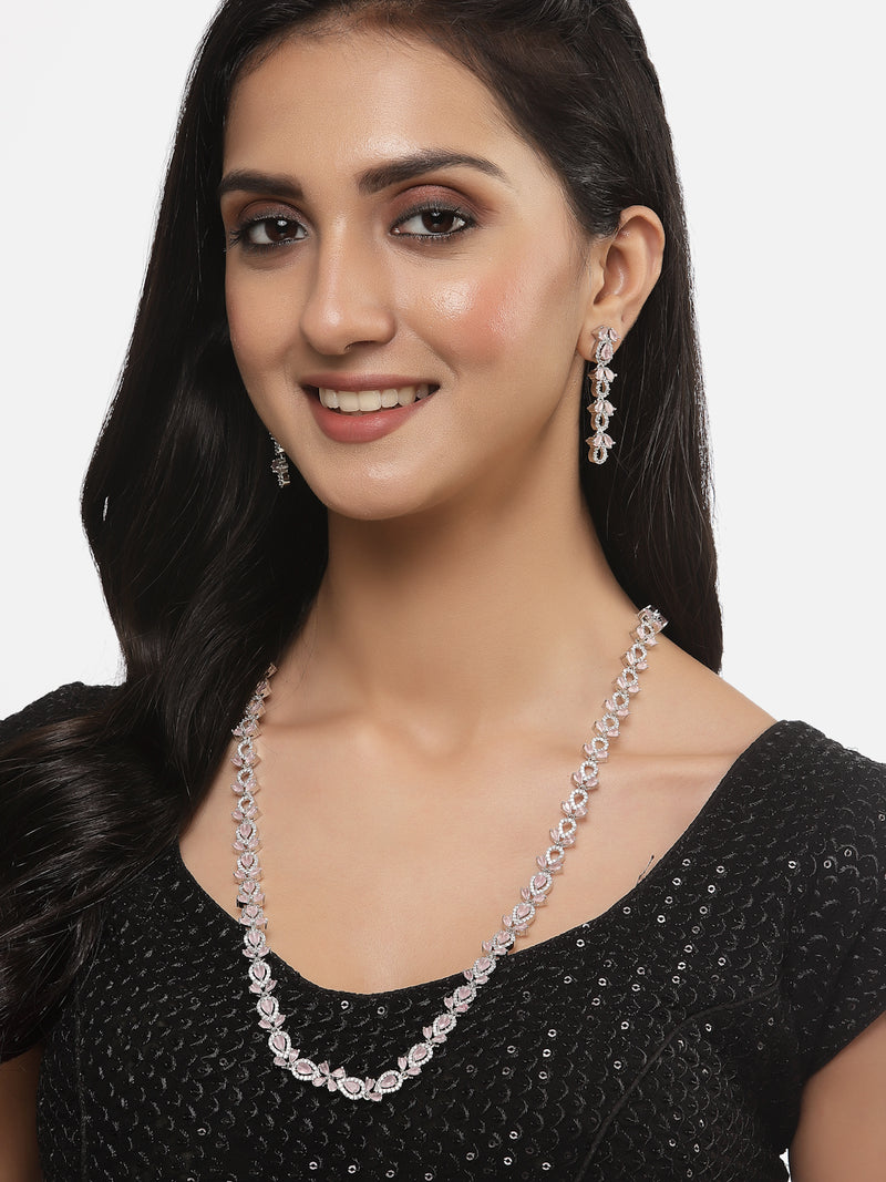 Rhodium-Plated Silver Toned Leaf Pink American Diamond Studded Long Necklace with Drop Earrings Jewellery Set