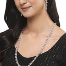 Rhodium-Plated Silver Toned Leaf Pink American Diamond Studded Long Necklace with Drop Earrings Jewellery Set