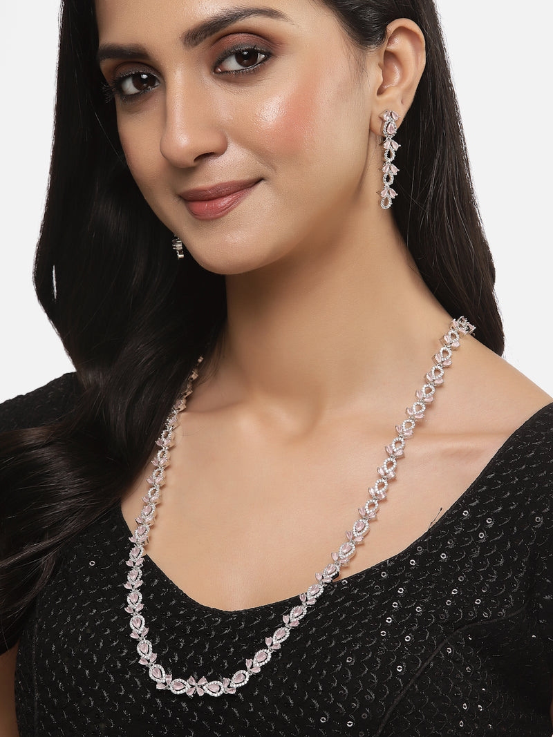 Rhodium-Plated Silver Toned Leaf Pink American Diamond Studded Long Necklace with Drop Earrings Jewellery Set