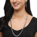 Rhodium-Plated Silver Toned Leaf Navy Blue American Diamond Studded Long Necklace with Drop Earrings Jewellery Set