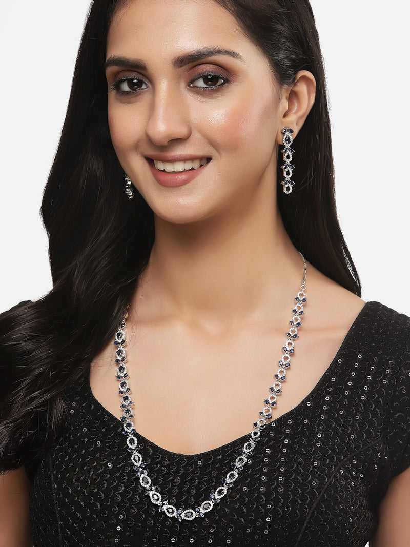 Rhodium-Plated Silver Toned Leaf Navy Blue American Diamond Studded Long Necklace with Drop Earrings Jewellery Set