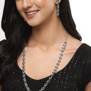 Rhodium-Plated Silver Toned Leaf Navy Blue American Diamond Studded Long Necklace with Drop Earrings Jewellery Set