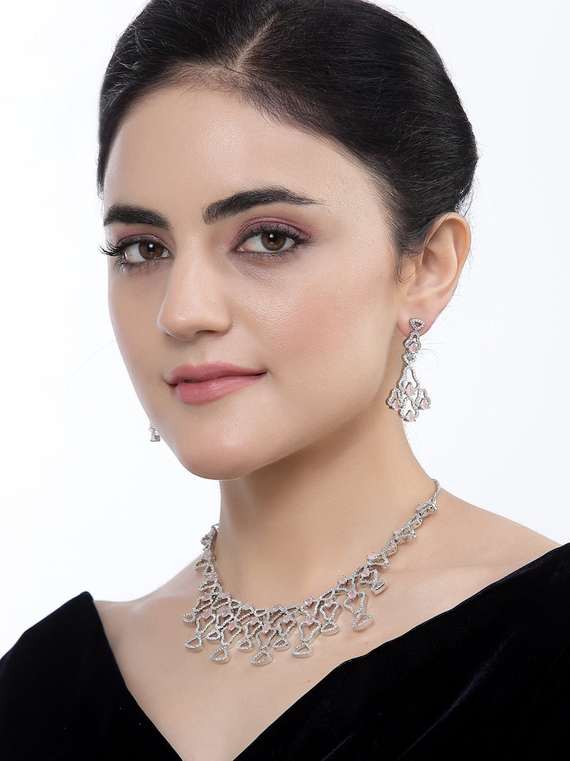 Rhodium-Plated Pink American Diamond Studded Quirky Design Necklace with Earrings Jewellery Set