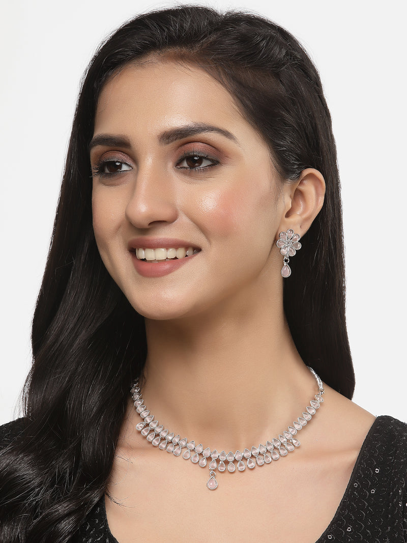 Oxidised Silver-Plated Pear Shaped Pink American Diamond Studded Necklace with Earring Jewellery Set