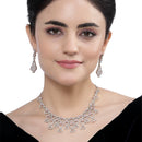 Rhodium-Plated Pink American Diamond Studded Quirky Design Necklace with Earrings Jewellery Set