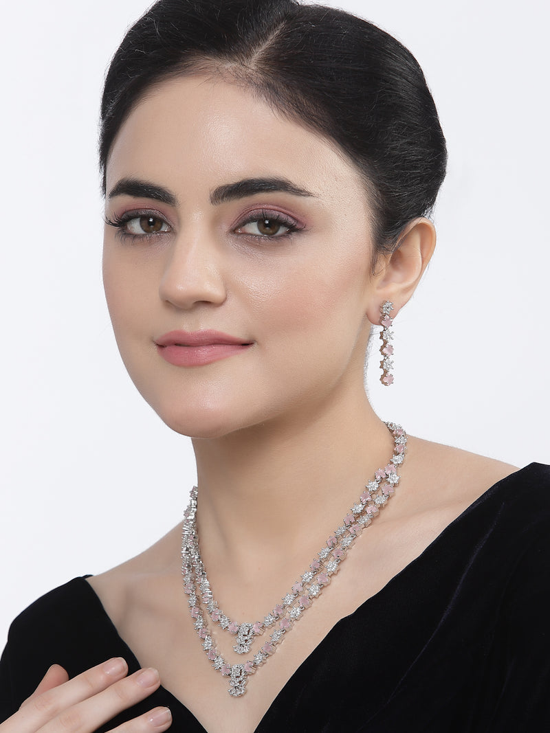 Rhodium-Plated Pink American Diamond Studded Star Shaped Layered Necklace & Earrings Jewellery Set