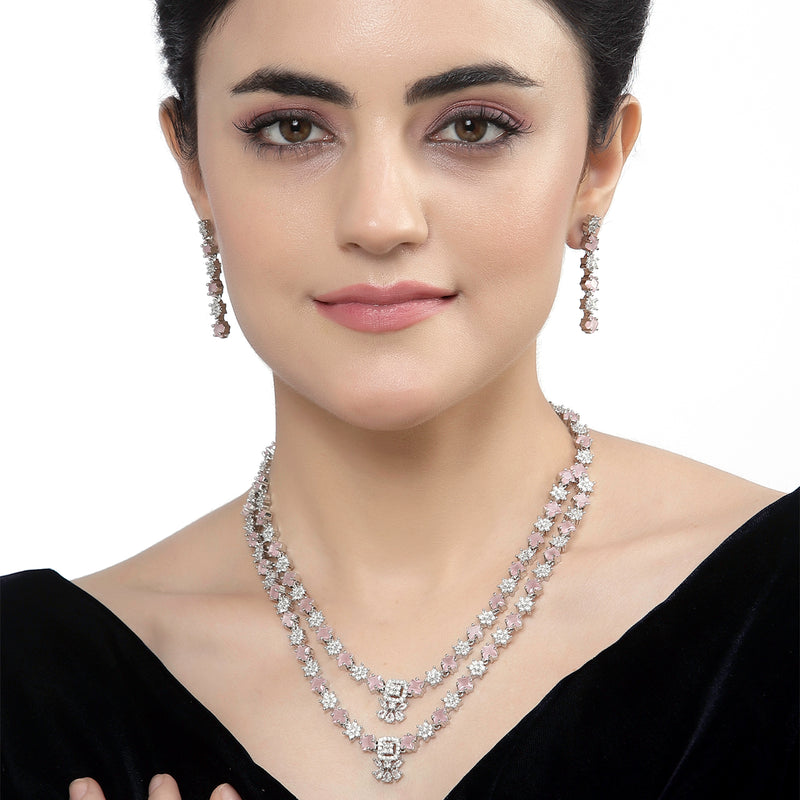 Rhodium-Plated Pink American Diamond Studded Star Shaped Layered Necklace & Earrings Jewellery Set