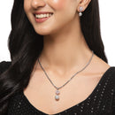 Rhodium-Plated Silver Toned Pink Cubic Zirconia studded Floral Shaped Cute Pendant with Earrings