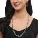 Rhodium-Plated Silver Toned Oval Navy Blue American Diamond Long Necklace with Earrings Jewellery Set