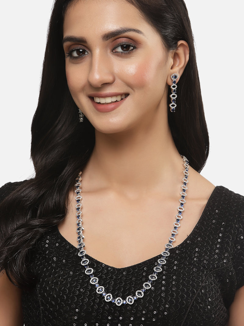 Rhodium-Plated Silver Toned Oval Navy Blue American Diamond Long Necklace with Earrings Jewellery Set