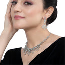 Rhodium-Plated Sea Green American Diamond Studded Quirky Design Necklace with Earrings Jewellery Set