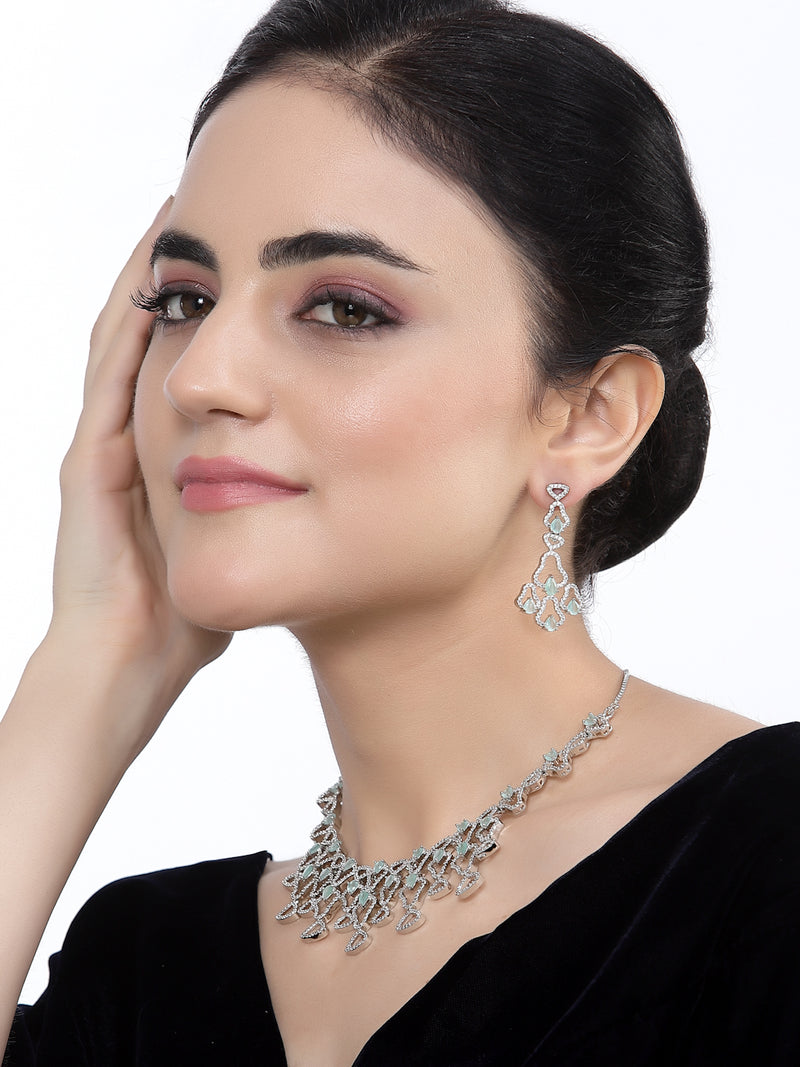 Rhodium-Plated Sea Green American Diamond Studded Quirky Design Necklace with Earrings Jewellery Set