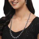 Rhodium-Plated Silver Toned Oval Navy Blue American Diamond Long Necklace with Earrings Jewellery Set