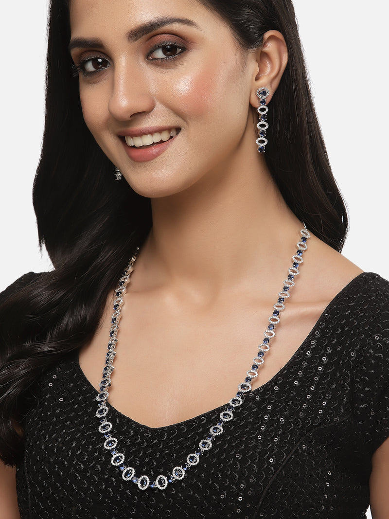 Rhodium-Plated Silver Toned Oval Navy Blue American Diamond Long Necklace with Earrings Jewellery Set