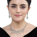 Rhodium-Plated Sea Green American Diamond Studded Quirky Design Necklace with Earrings Jewellery Set
