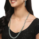 Rhodium-Plated Silver Toned Circular Green American Diamond Long Necklace with Earrings Jewellery Set