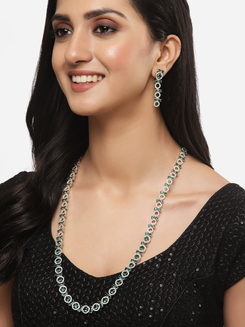 Rhodium-Plated Silver Toned Circular Green American Diamond Long Necklace with Earrings Jewellery Set